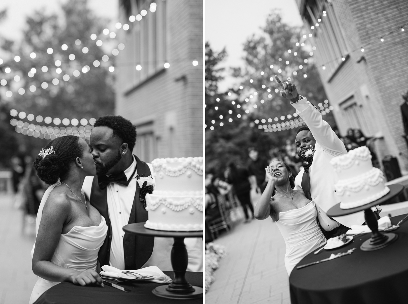 Bride and groom kissing after cutting their wedding cake