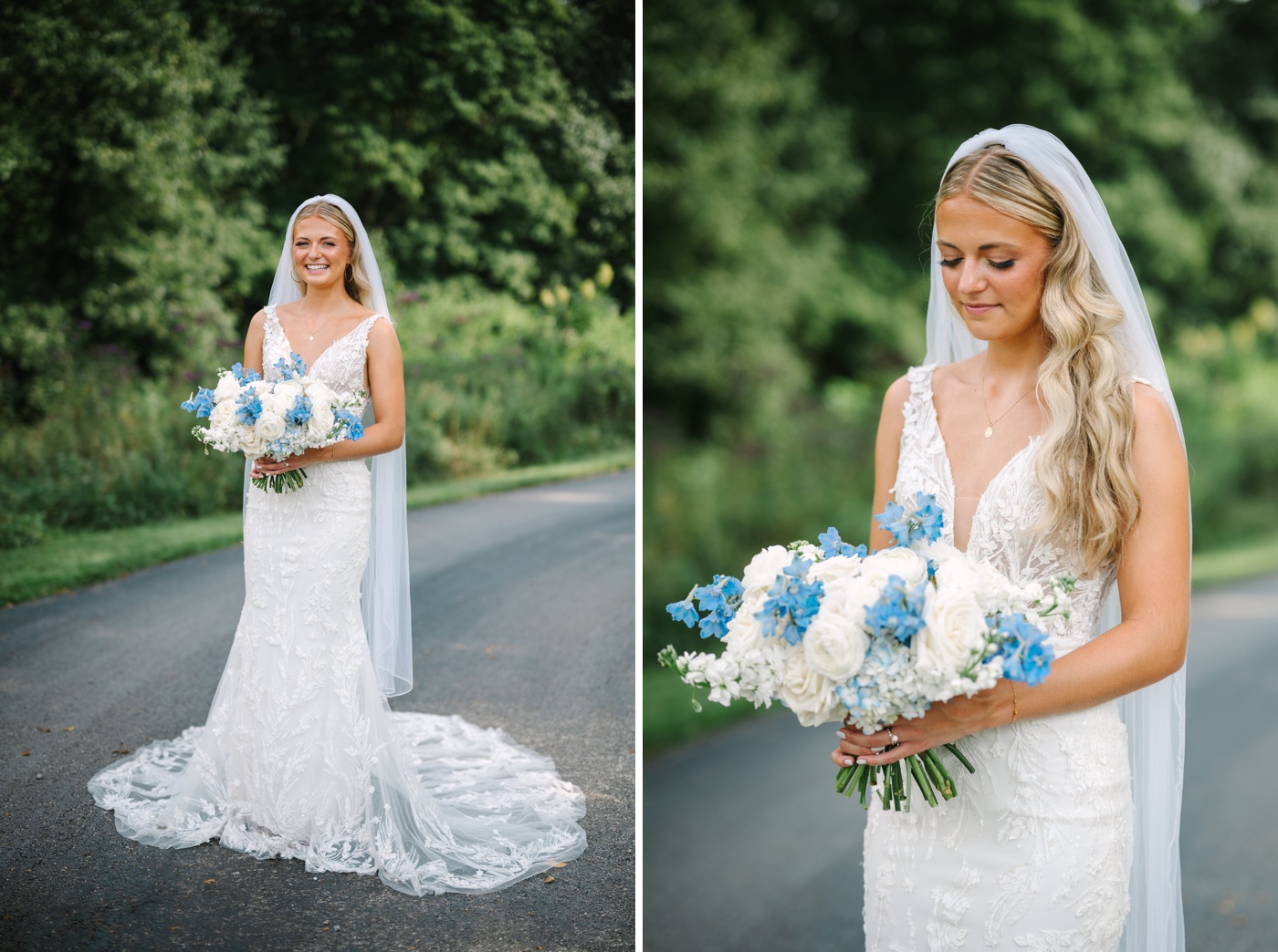 Bride holding a blue and white wedding bouquet from Love in Bloom