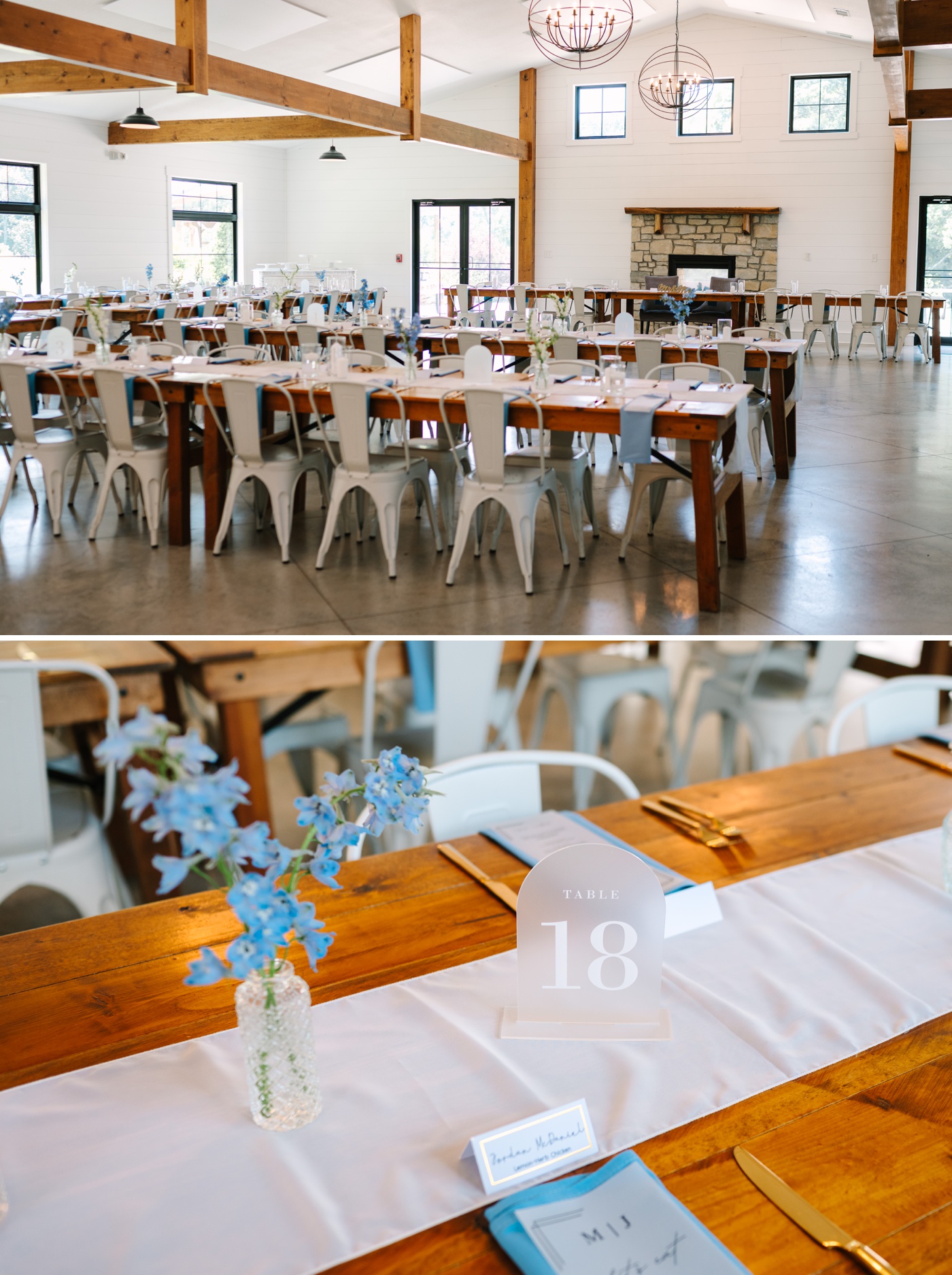 Blue delphiniums in a bud vase for an Indiana wedding