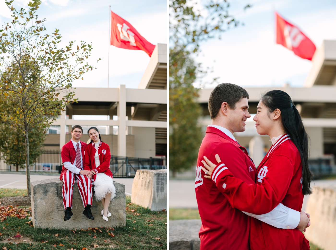 Bride and groom wearing Indiana University gear and sitting outside the Memorial Stadium