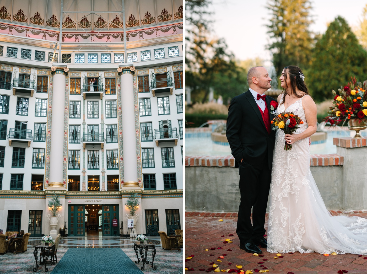 Bride and groom standing on a balcony in the Atrium at the West Baden Springs Hotel, French Lick