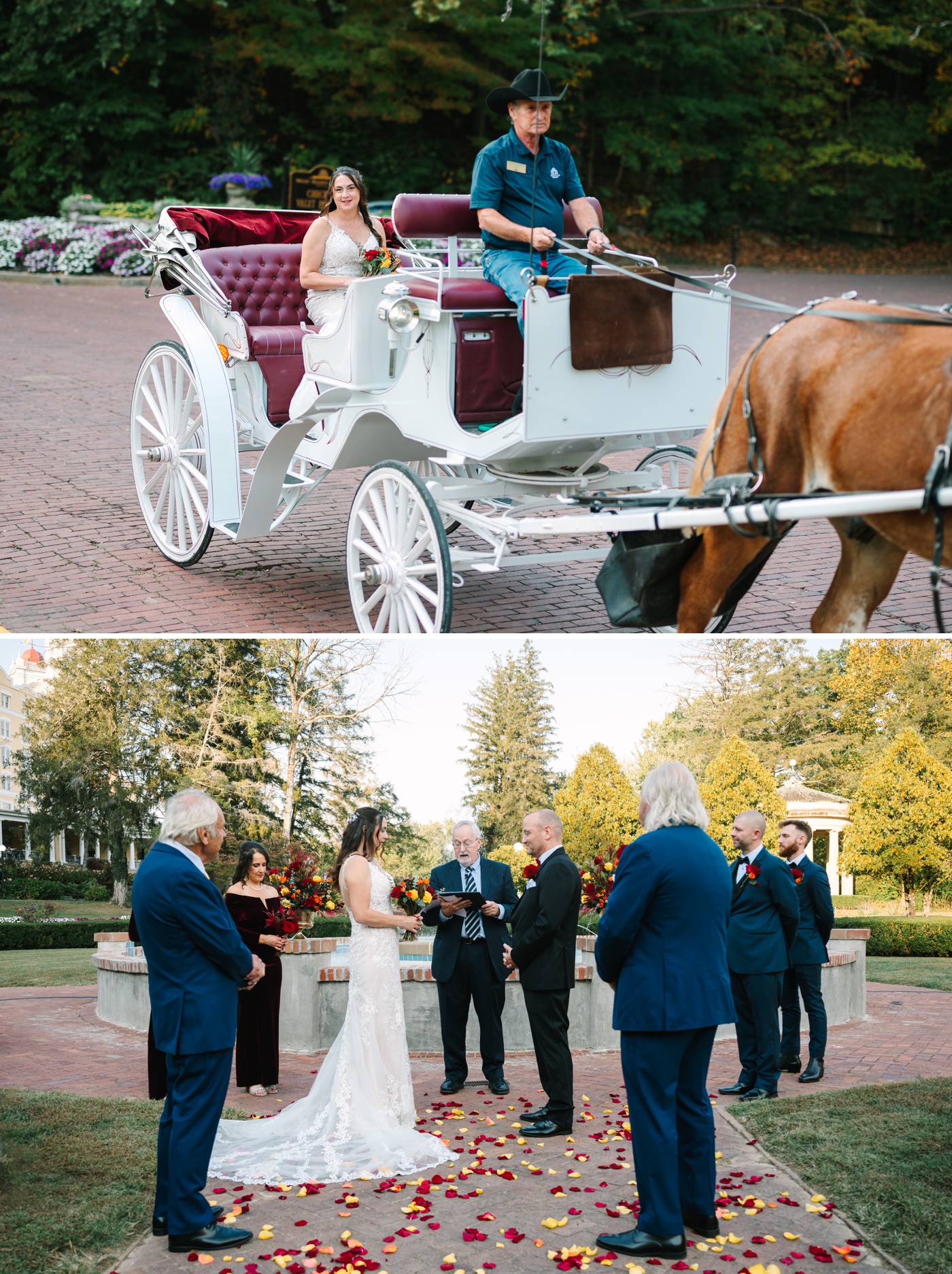 Bride entering her wedding ceremony at French Lick Resort in a horse-drawn carriage