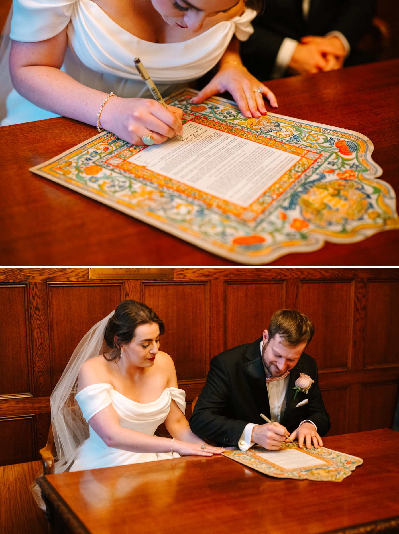 Bride and groom signing the ketubah