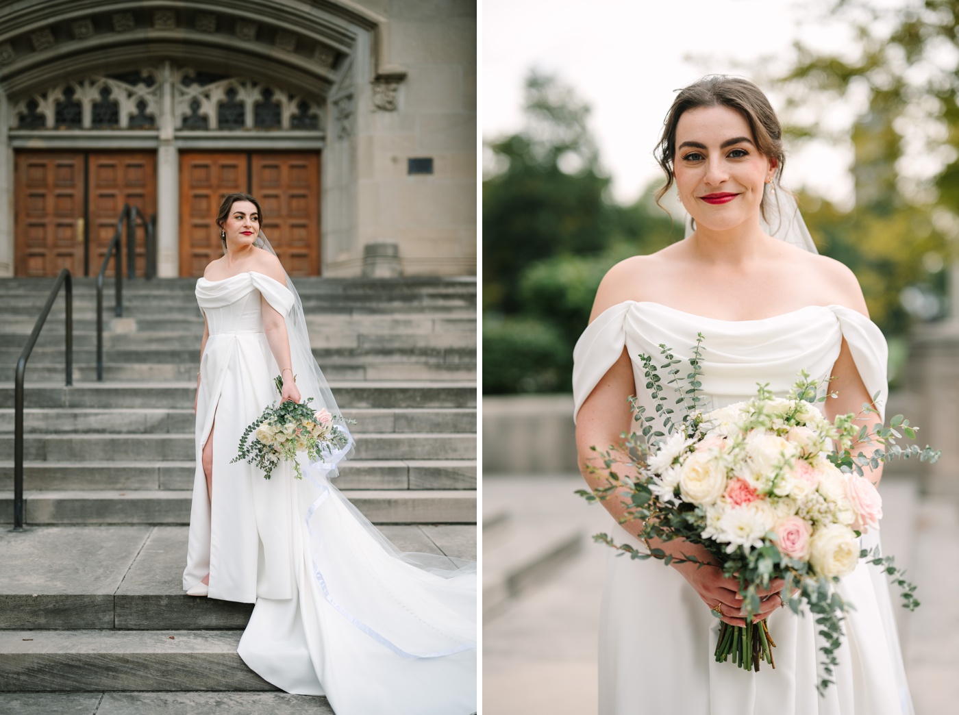 Indianapolis bride holding a cream and blush bouquet by Huntingburg Greenhouse