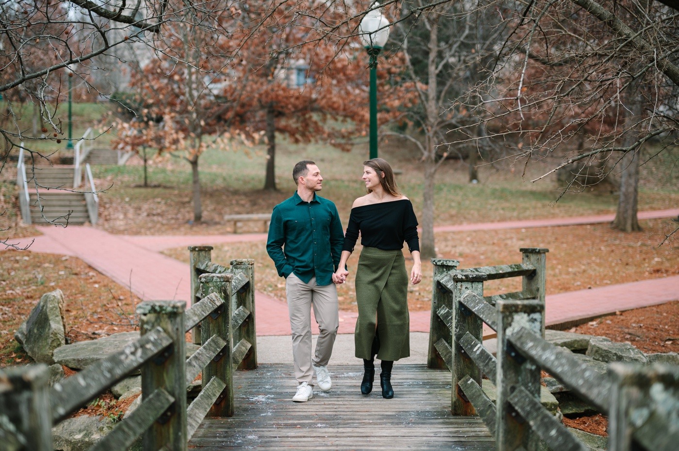 Couple walking on the Stone Arch Bridge, Indiana University