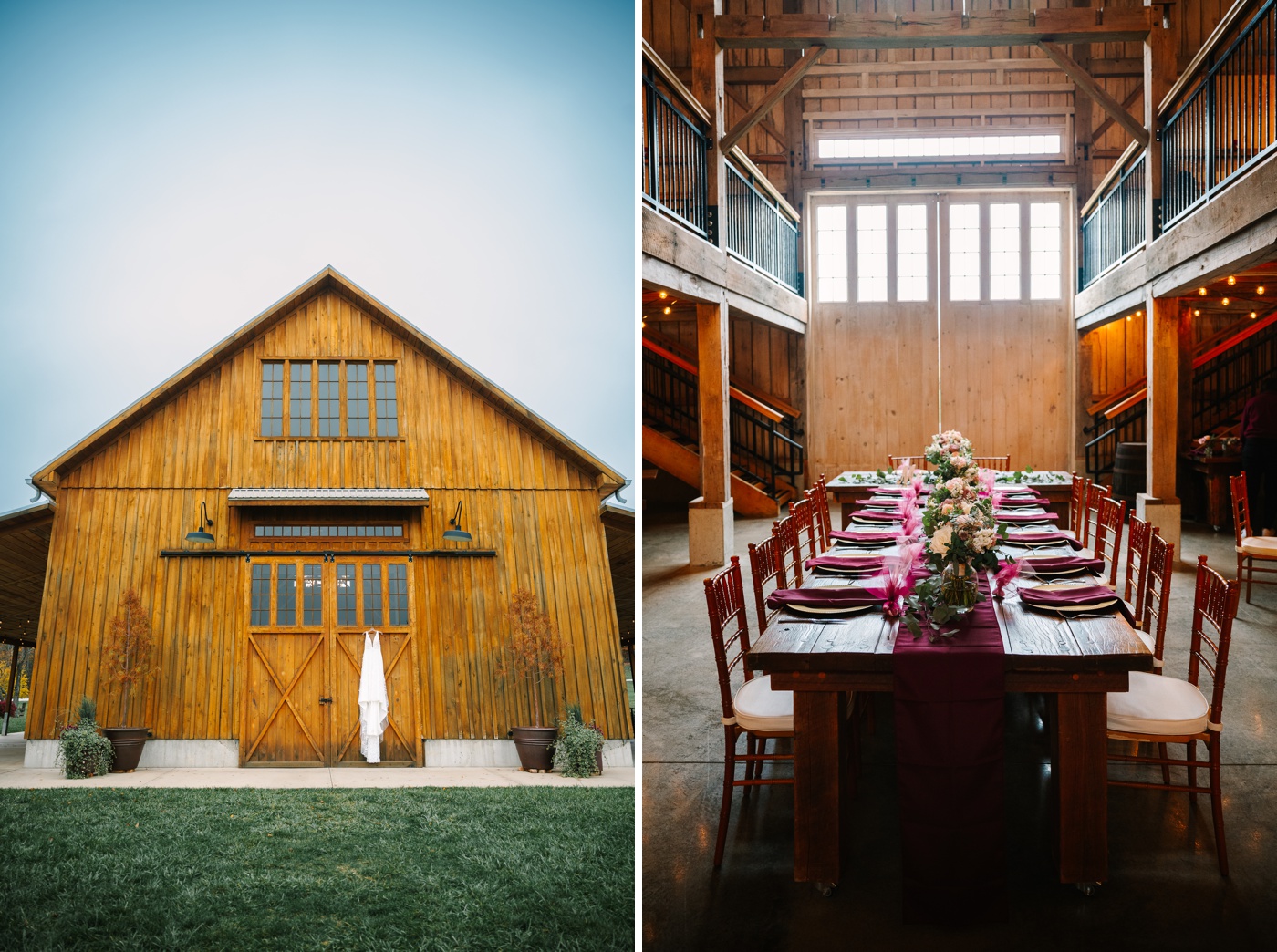 Wedding dress hanging from a barn door