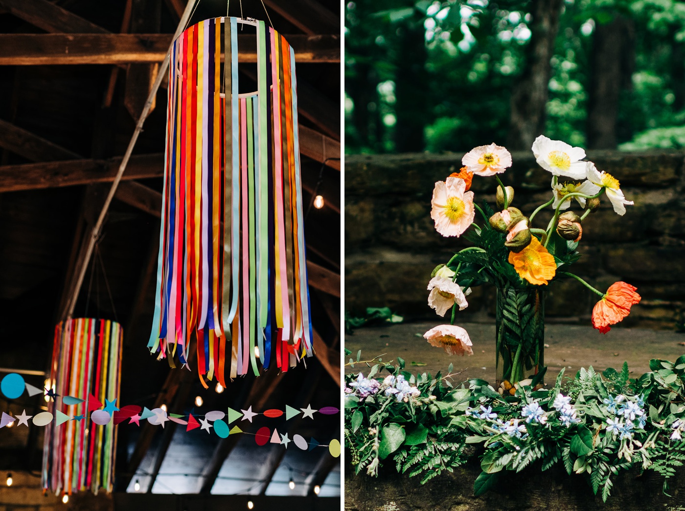 Colorful streamer decor and wildflower bouquet for an Indiana wedding