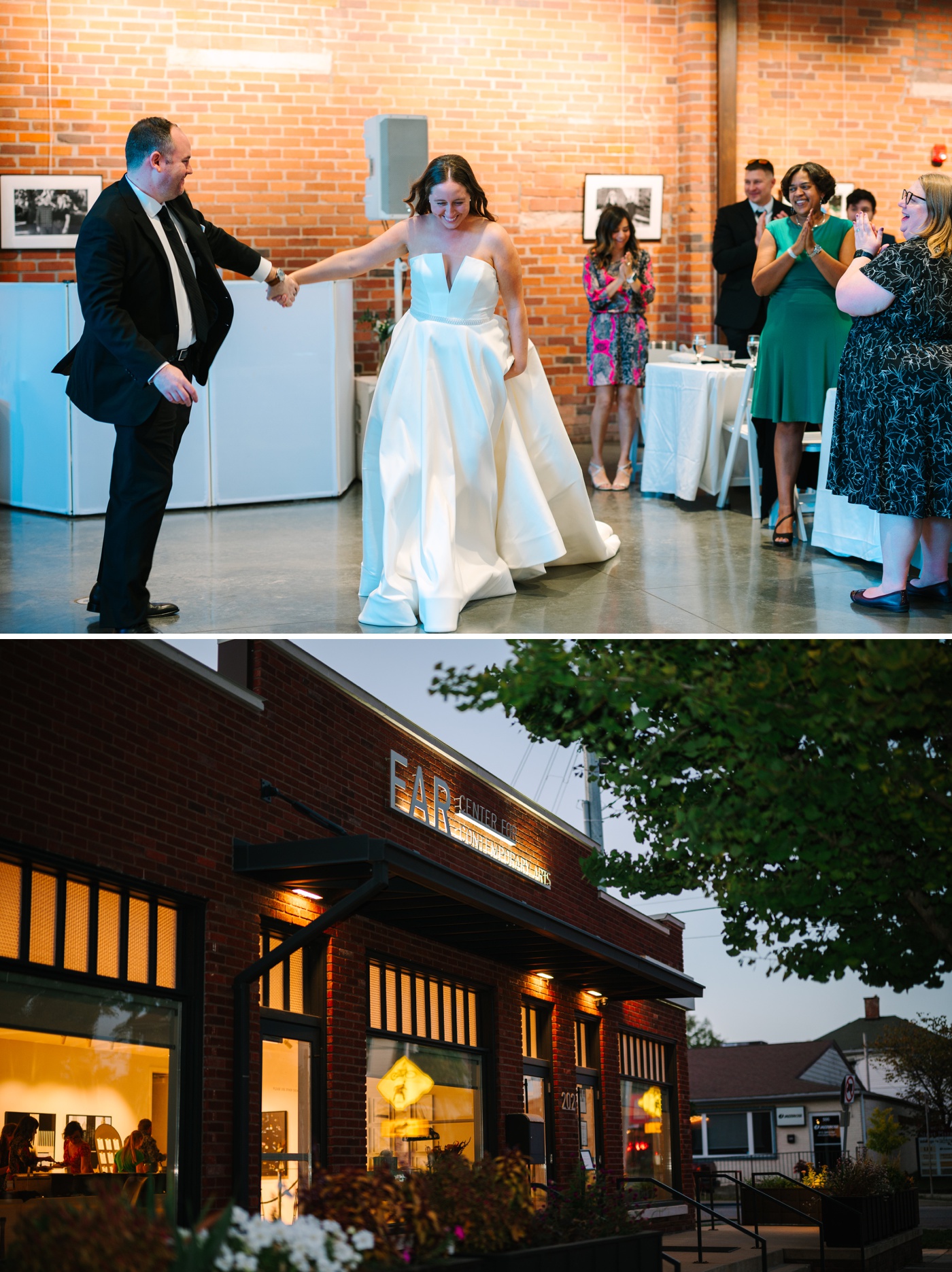 Bride and groom entering their wedding reception at the FAR Center