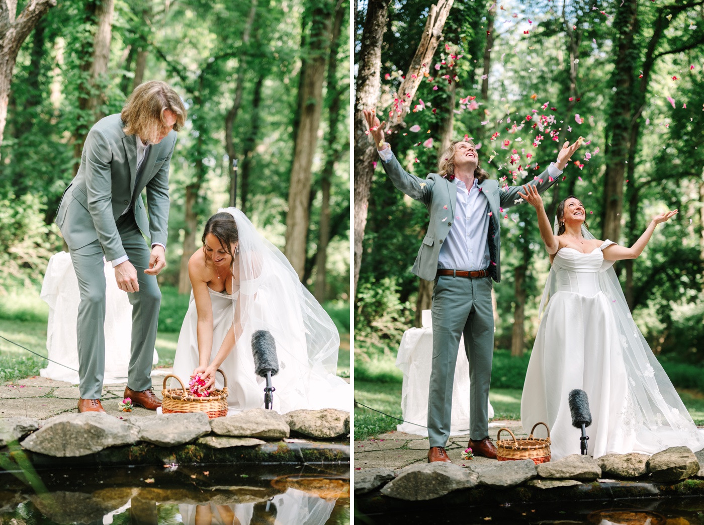 Bride and groom tossing flower petals after wedding ceremony