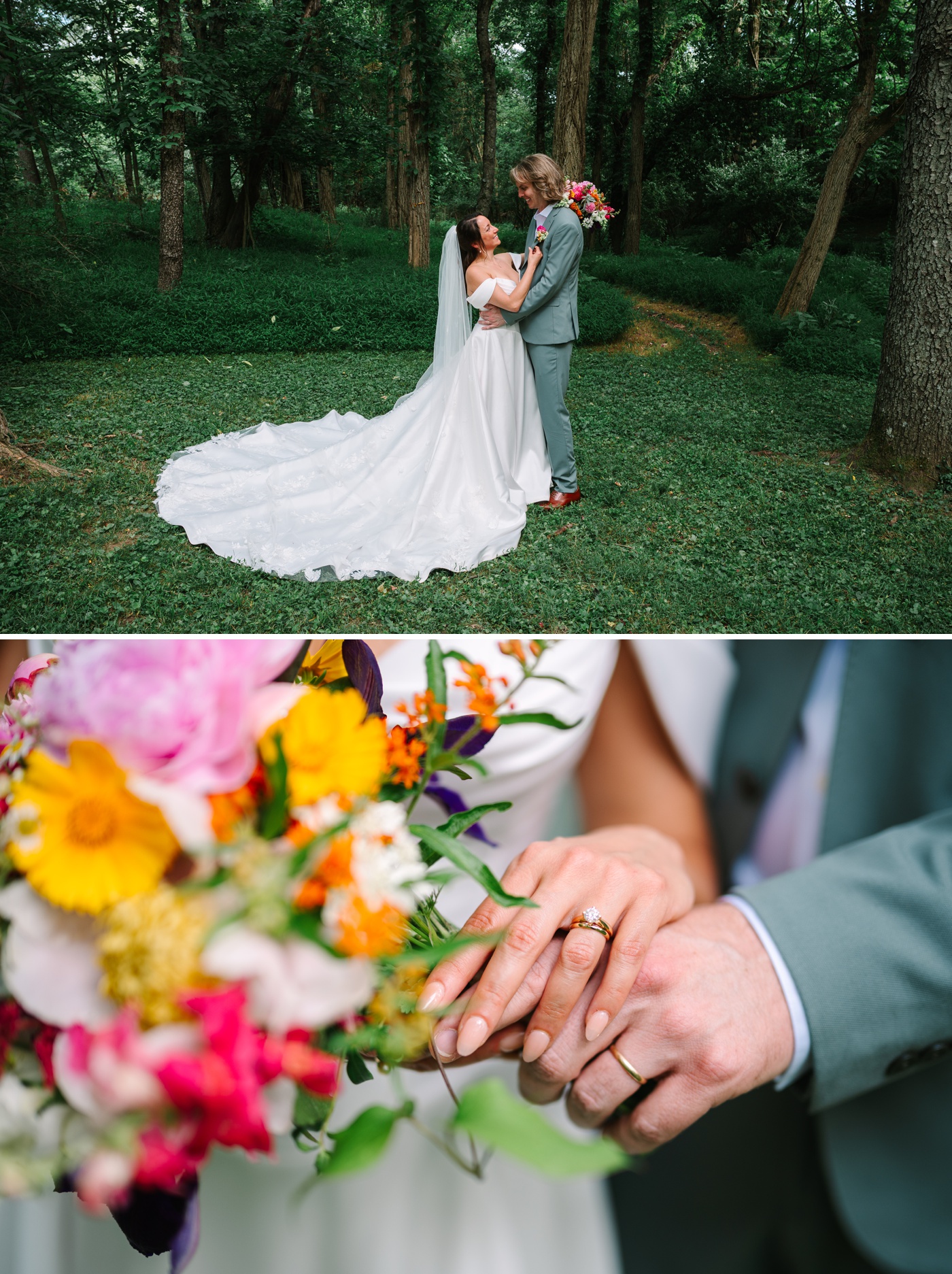 Close-up of bride and groom's rings and bride's bouquet