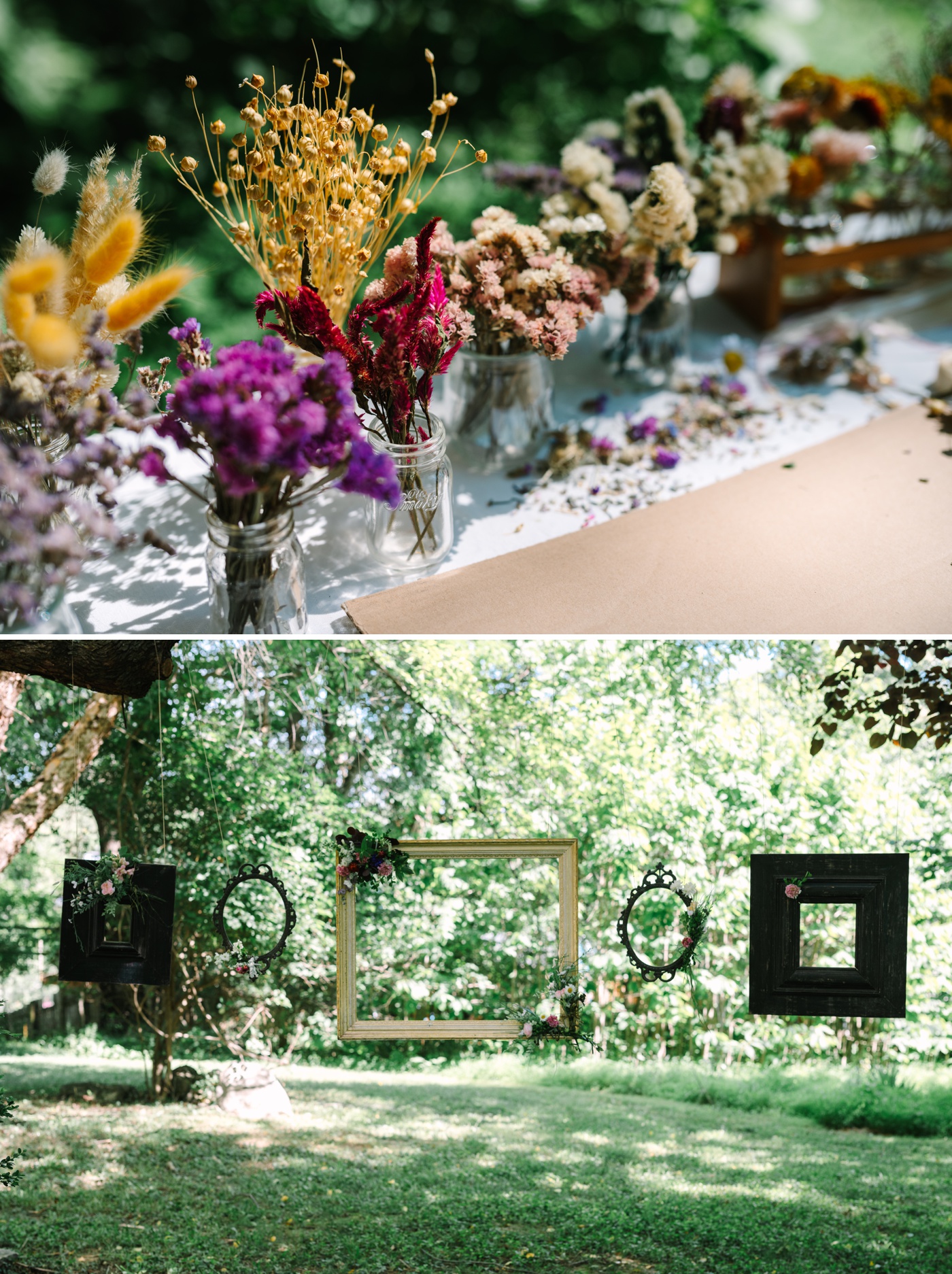 Photo booth backdrop with antique picture frames and flowers