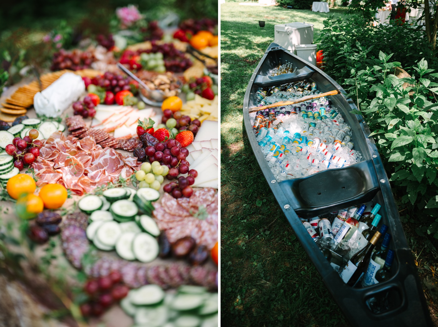 Grazing table and canoe cooler at a Bloomington backyard wedding
