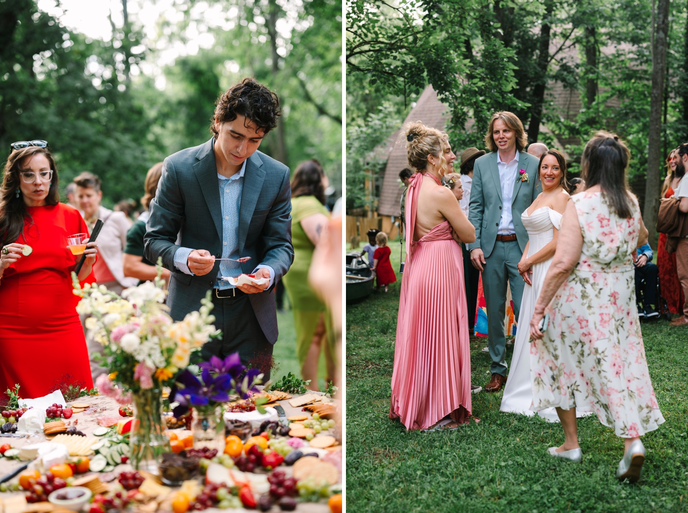Guests serving themselves from a grazing table at a backyard wedding