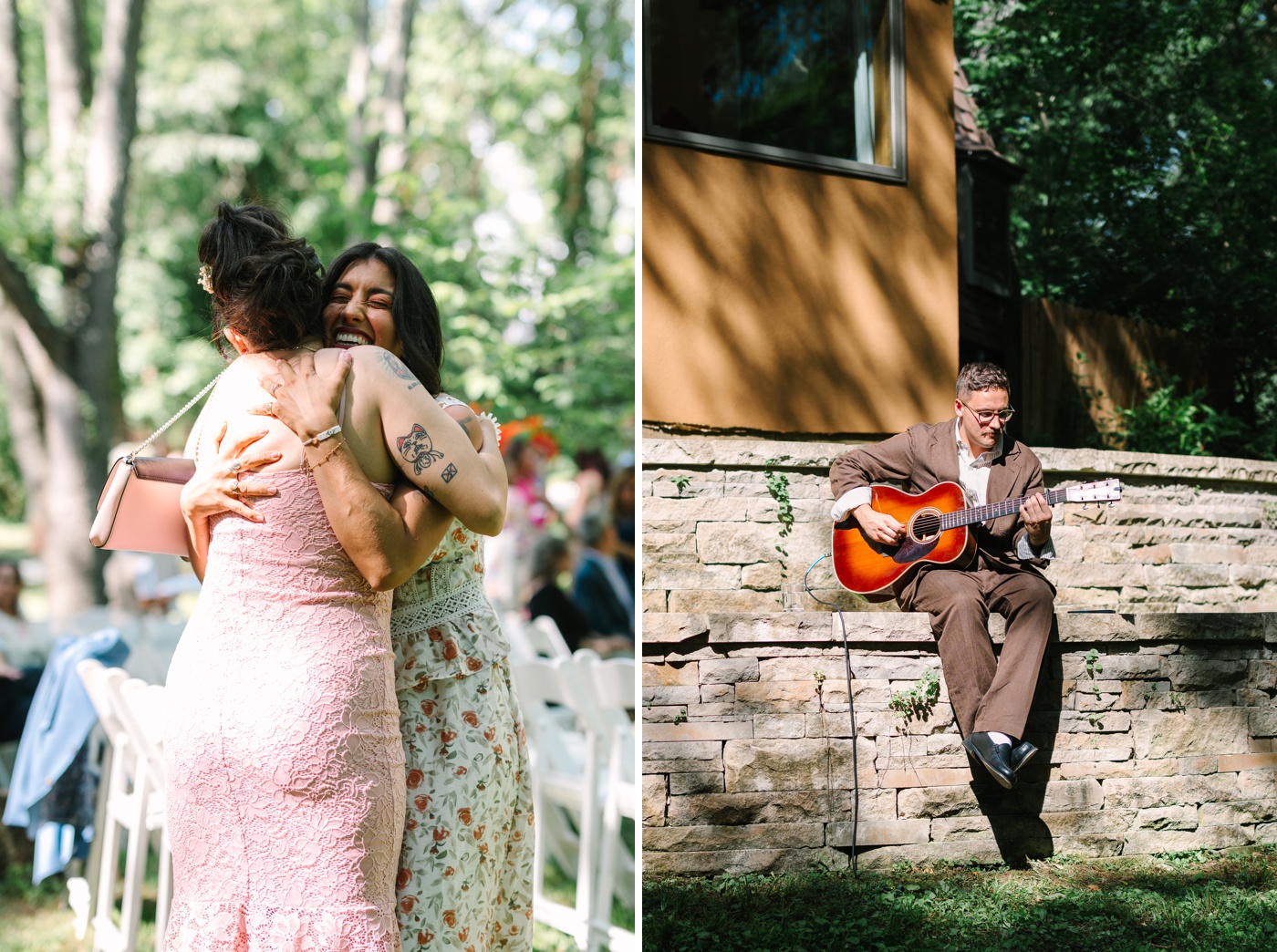 Guests greeting each other at a backyard wedding in Bloomington