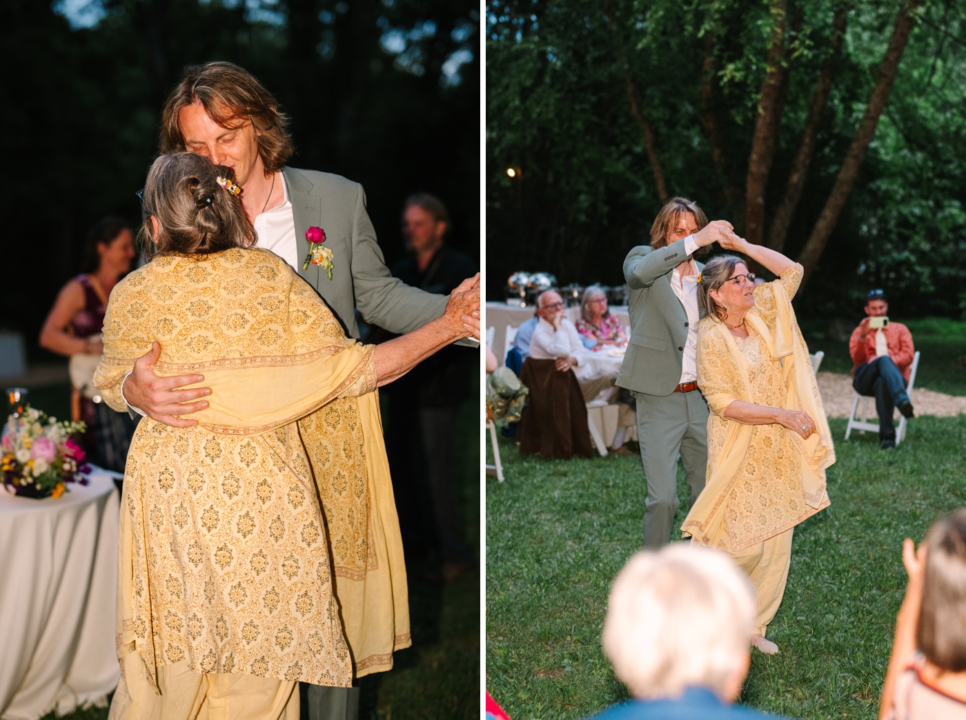 Groom dancing with his mom at a Bloomington backyard wedding