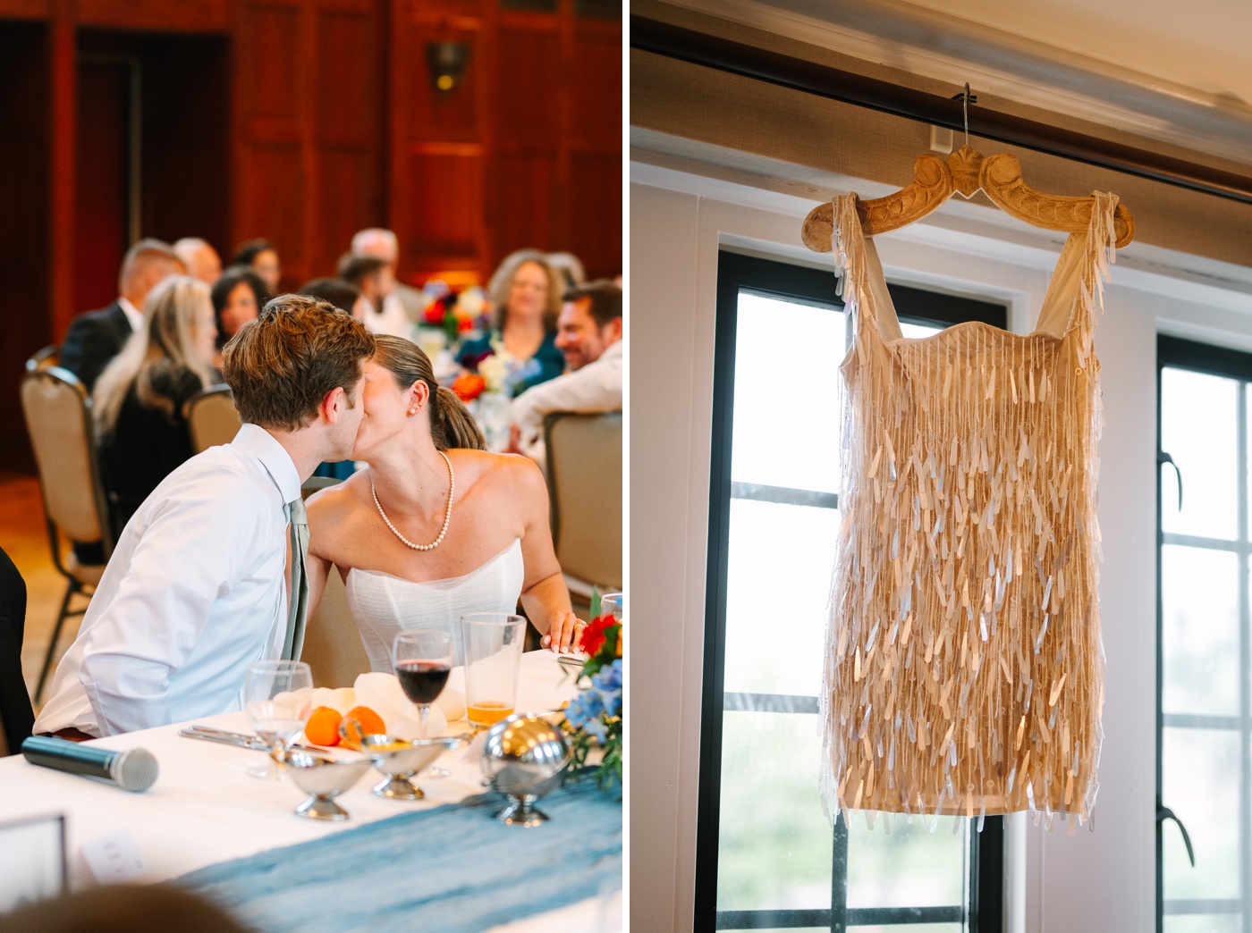 Reception dress hanging from a window at IU Alumni Hall