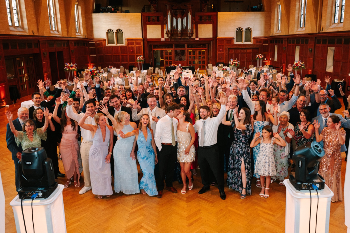 Group photo at IU Alumni Hall wedding reception