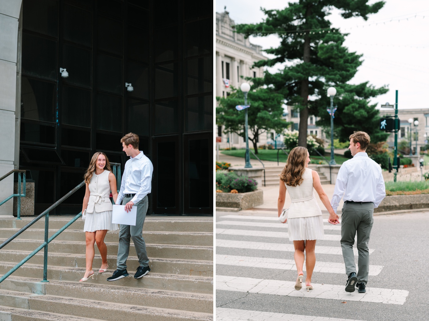 Couple walking hand in hand on the steps of the Bloomington Courthouse