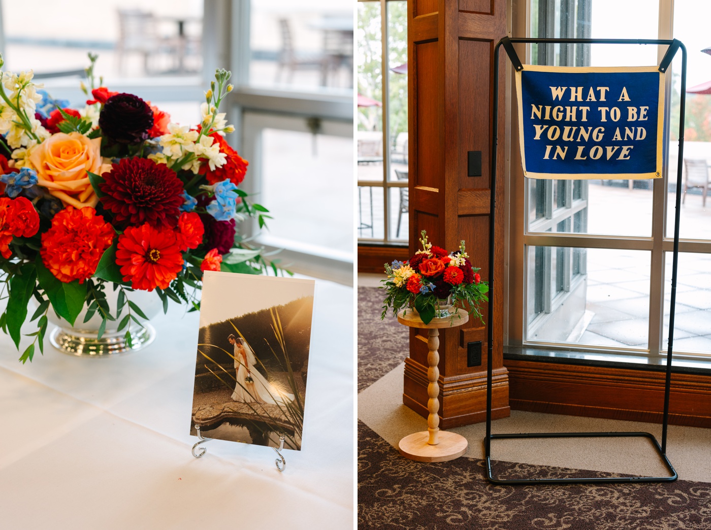 Framed wedding photo and signage at a Bloomington reception