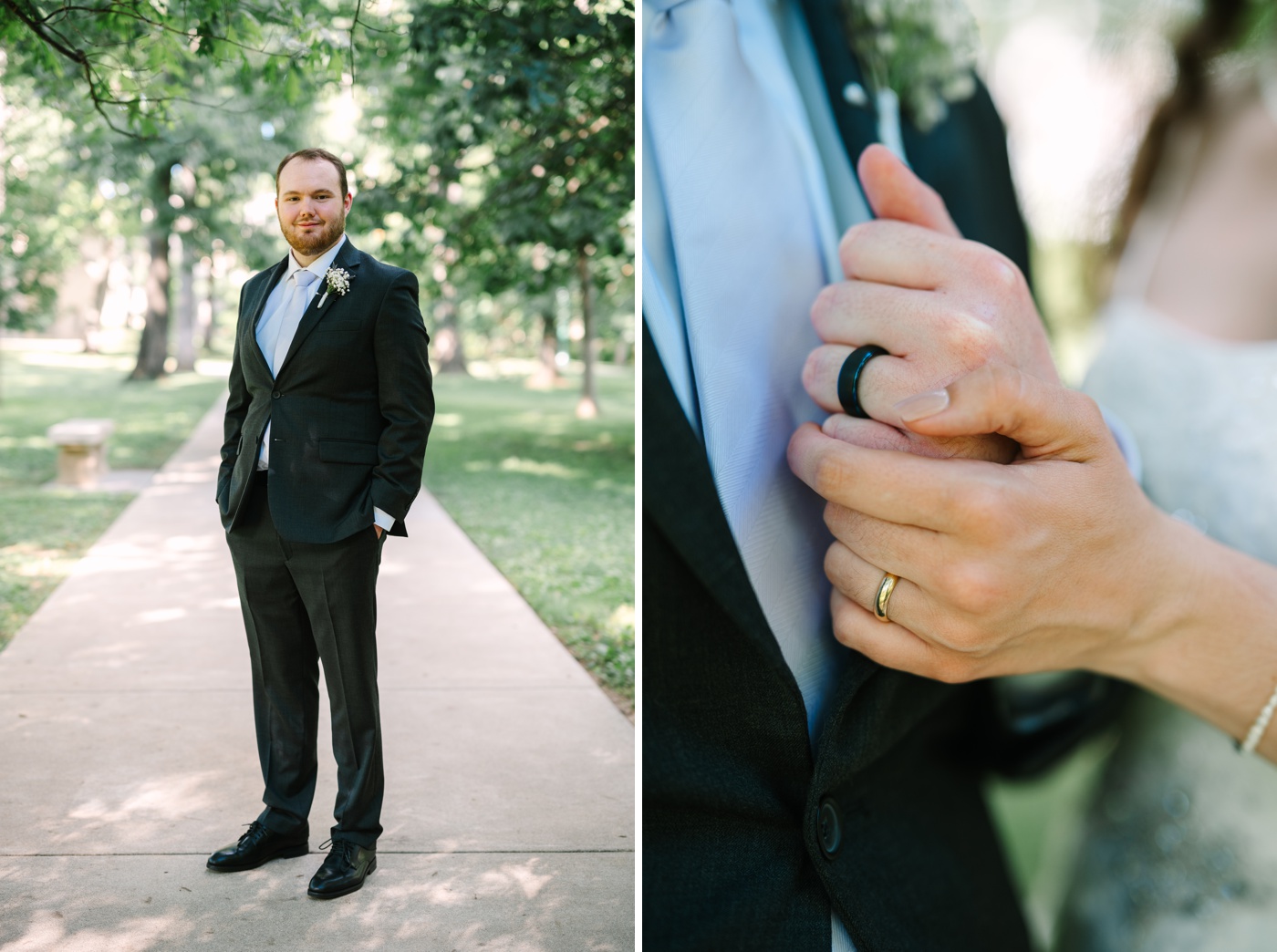 Groom portrait side-by-side with close-up of bride and groom's wedding rings
