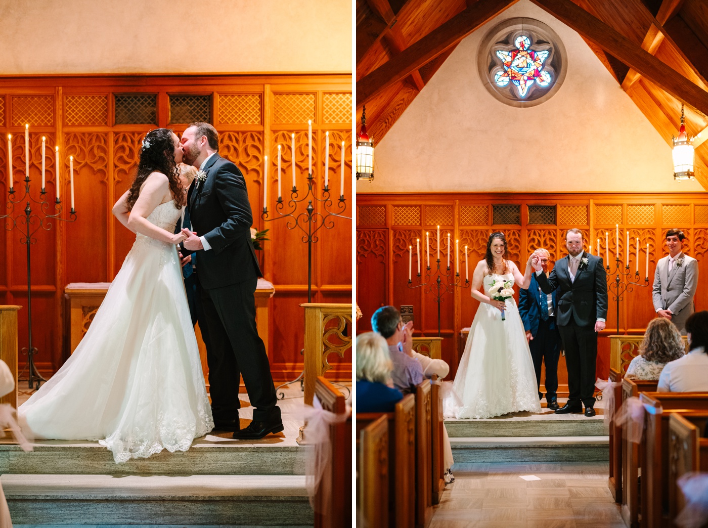Bride and groom kissing at Beck Chapel, Indiana University
